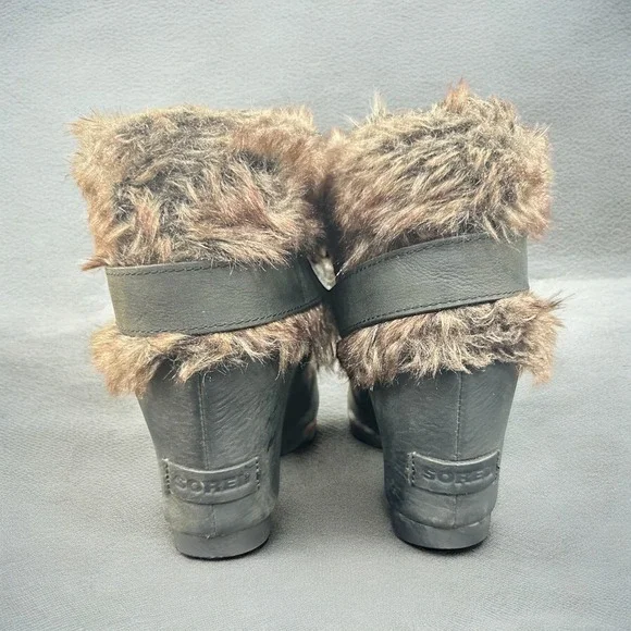 Sorel Women's Black Joan Of Arctic NL1984-010 Faux Fur Wedge Ankle Boots 9  NWOT - Picture 6 of 8